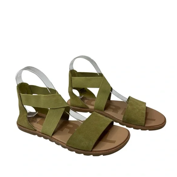 SOREL Ella II Olive Suede Leather Crisscross Sandals 8.5 - Picture 2 of 7